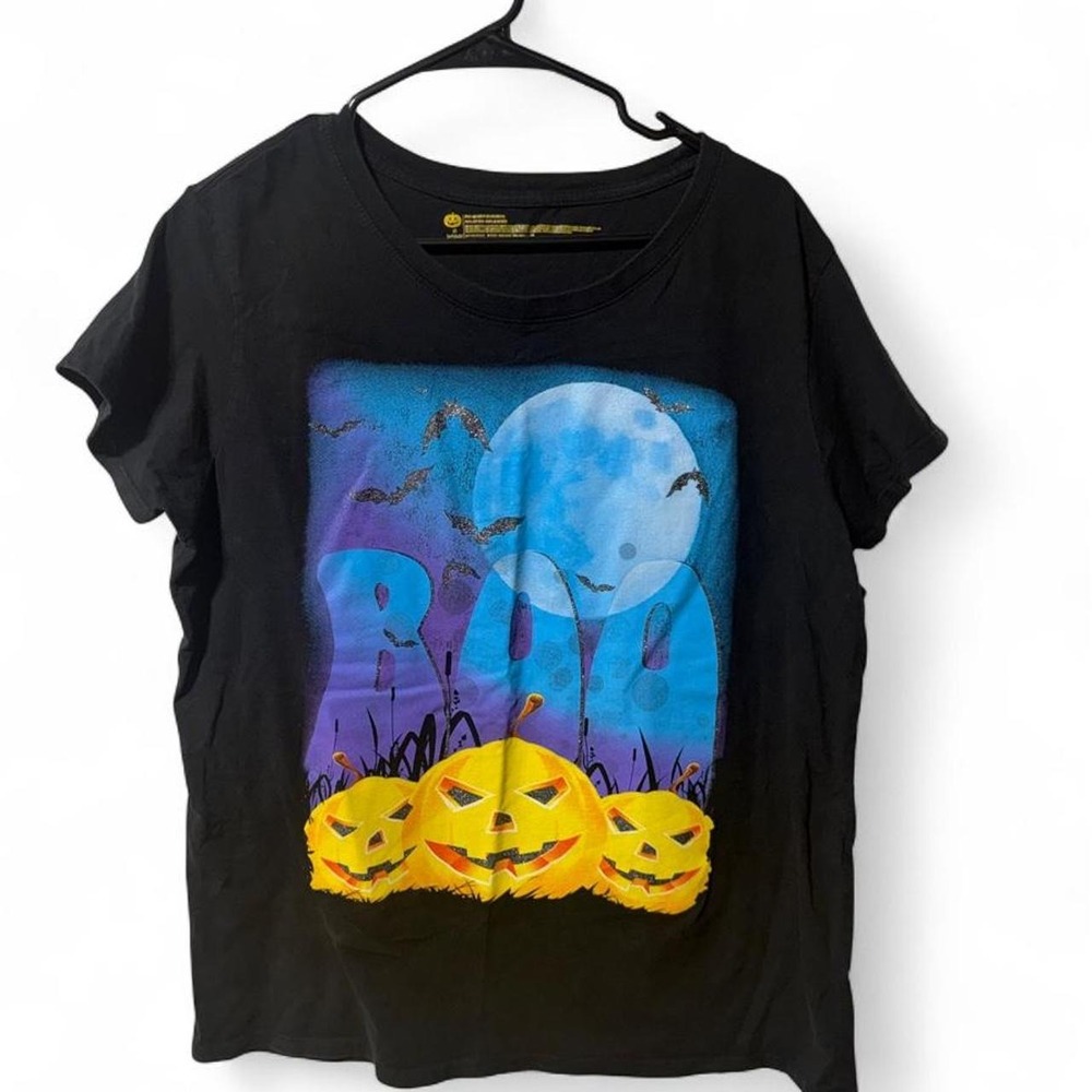 Halloween Boo Pumpkin Glitter Bat Graphic T-Shirt Womens Plus 3X Black Tee